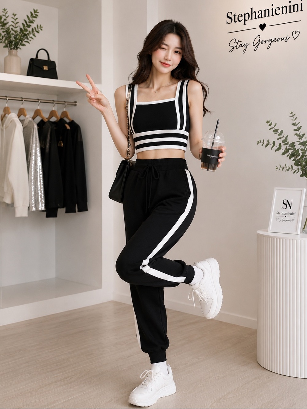 Black White Striped Knit Two Piece Set Crop Cami + Jogger Matching Outfit